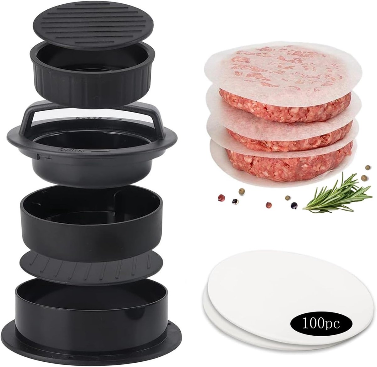 KZQ 3-in-1 hamburgerpers en burgerformer - Anti-aanbak patty mal - Perfect voor BBQ en outdoor koken - Inclusief 100 patty vellen - Geschikt voor kamperen en feestjes - Zwart