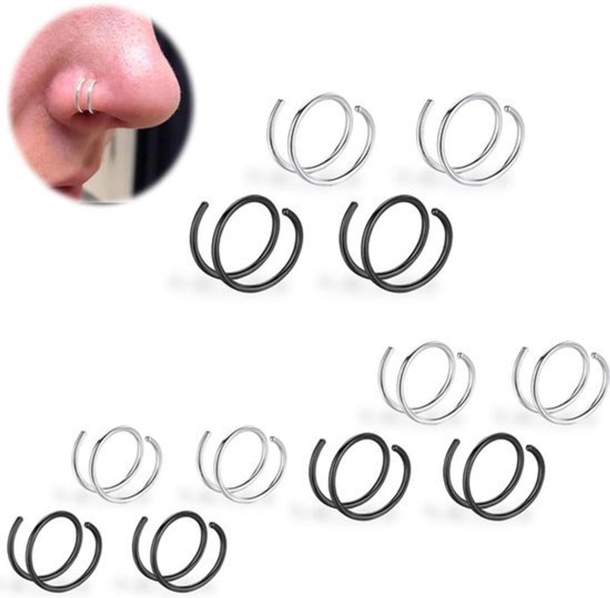Neuspiercing set van 12 stuks - chirurgisch staal met glitter - septumpiercing en neusring