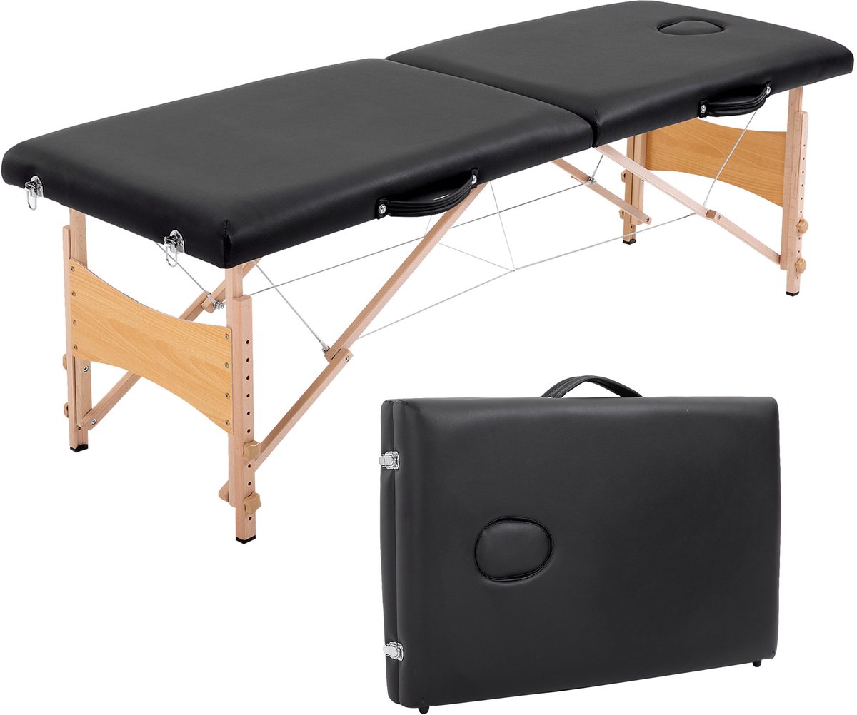 Inklapbare Massagetafel met 2 Zones - Behandentafel Incl. Draagtas & Comfortabele Kunstleren Bekleding - In hoogte verstelbaar - afneembaar gezichtssteun - beauty- en tattoo-bed van beukenhout - 186 x 60 cm - Zwart