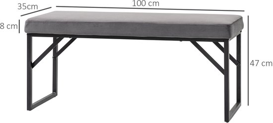 Grijze zitbank met afmetingen: 100cm lang, 35cm breed, 47cm hoog. Zitting is 8cm dik.