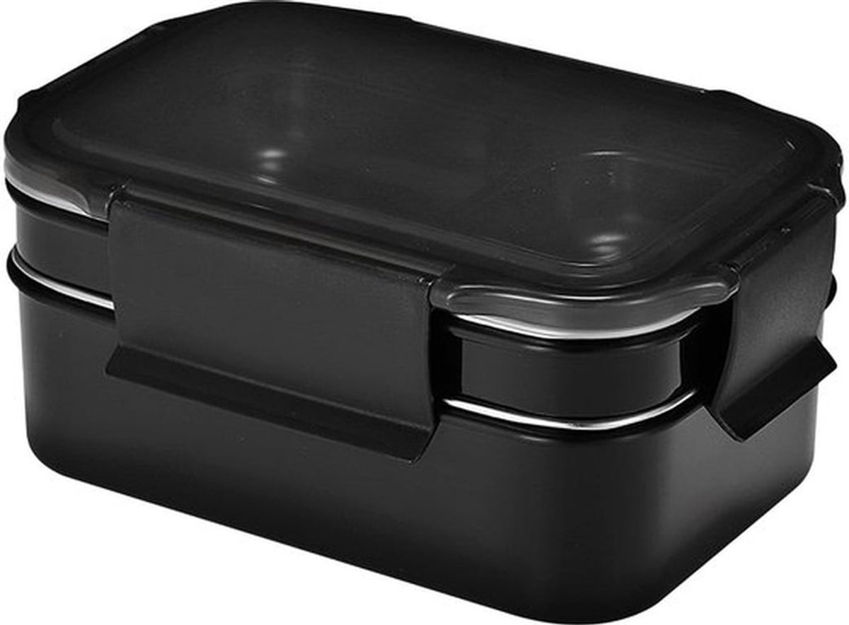 Dubbellaagse lunchbox - Roestvrijstalen bentobox - Stapelbare dubbellaagse bentobox met grote capaciteit - Met tussenschotten - Zwart - Geschikt voor volwassenen voor werk, kamperen en picknicks