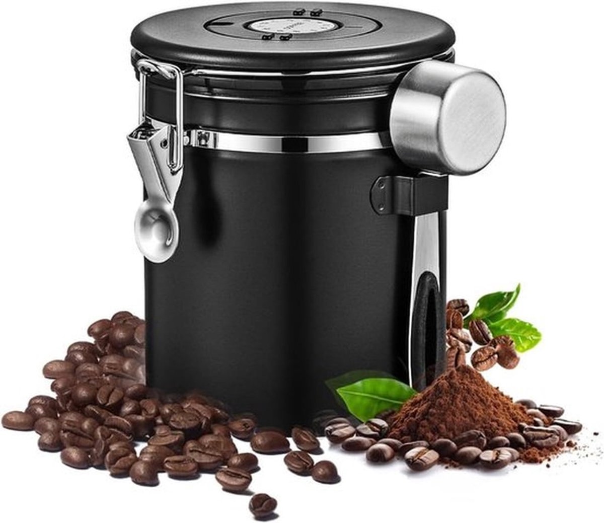 Koffieblik luchtdicht van roestvrij staal 1500ml - Voorraadpot - container voor koffiebonen - luchtdicht roestvrij staa - maatlepel zwart - koffiecontainer met datumregistratie voor koffiebonen