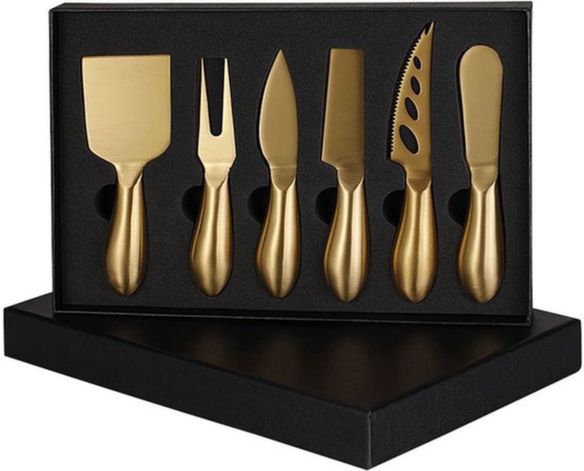 Set van 6 roestvrijstalen kaasmessen, keukengerei, ergonomisch ontwerp, multifunctioneel snijgereedschap voor keukens en restaurants (goud)