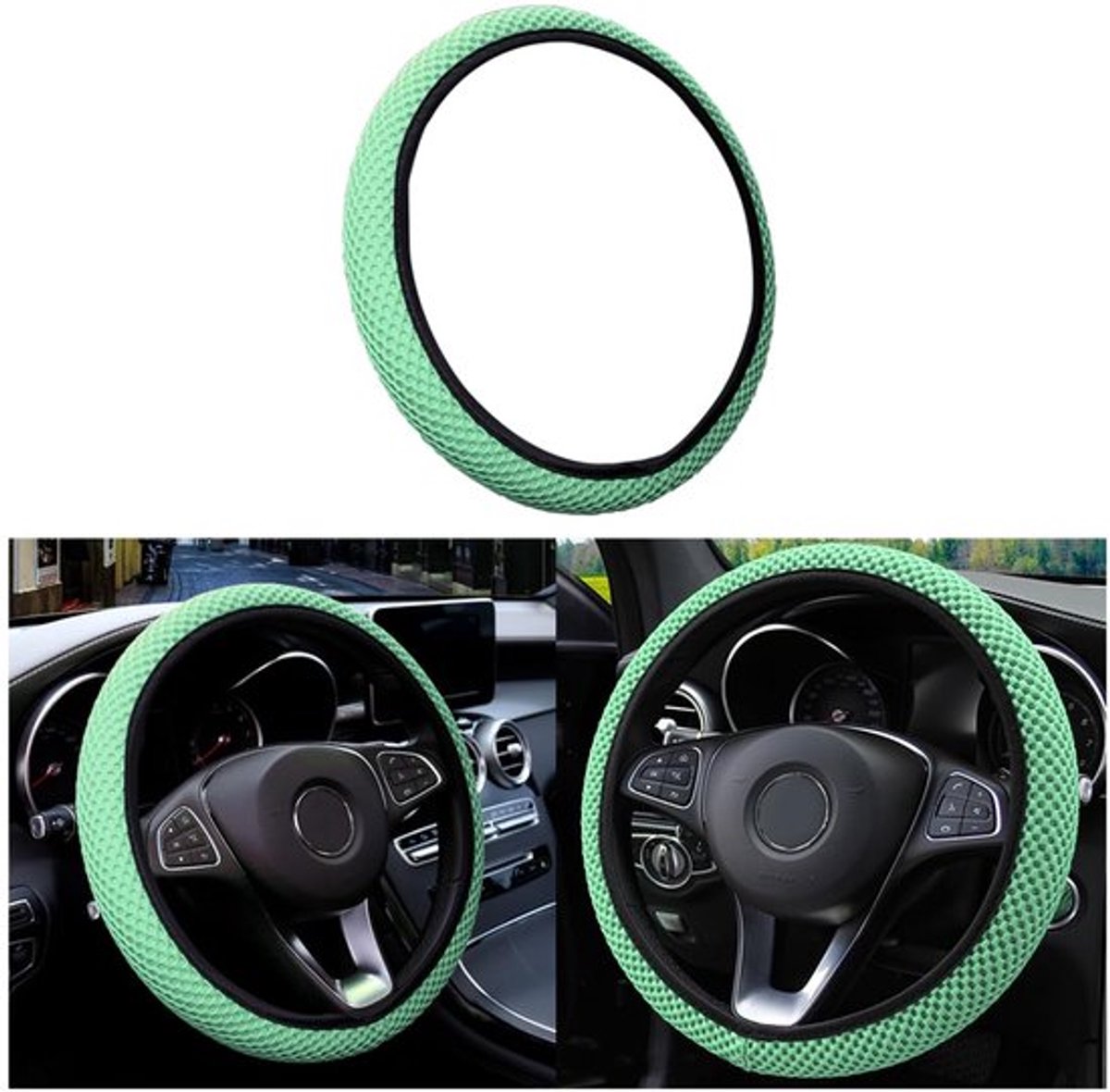 Universele stuurhoes voor auto's, diameter 37-38 cm, elastische stuurhoes, geweven microvezel-ijszijde, warm in de winter en koel in rstate, antislip, geurloos (groen)