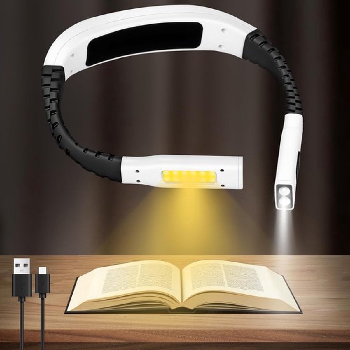 Deze leeslamp voor om de nek is oplaadbaar en heeft 3 kleuren en 3 instelbare helderheidsniveaus. Dankzij het flexibele ontwerp is hij geschikt om in bed te lezen, tijdens het reizen, breien of kamperen.