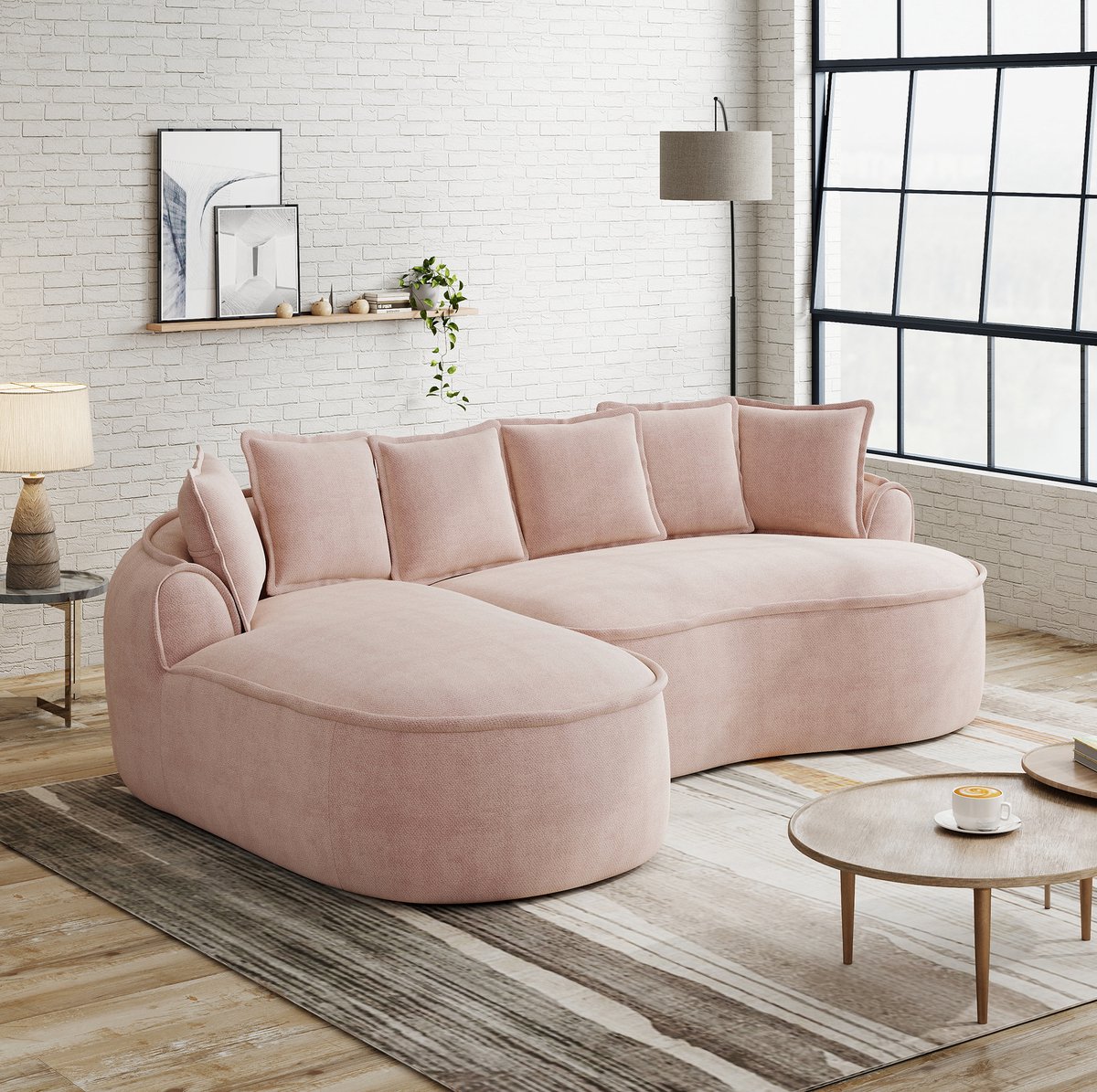 MEUNIQ Hoekbank L-vorm 3-zits met chaise longue, extra diepe zit en brede armleuningen, chenille, roze, voor de woonkamer