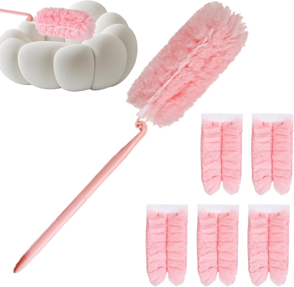 Stofdoek met steel - Meubelstofdoek reiniger - Meubels afstoffen - Verstelbare kop - 36-110cm - Roze