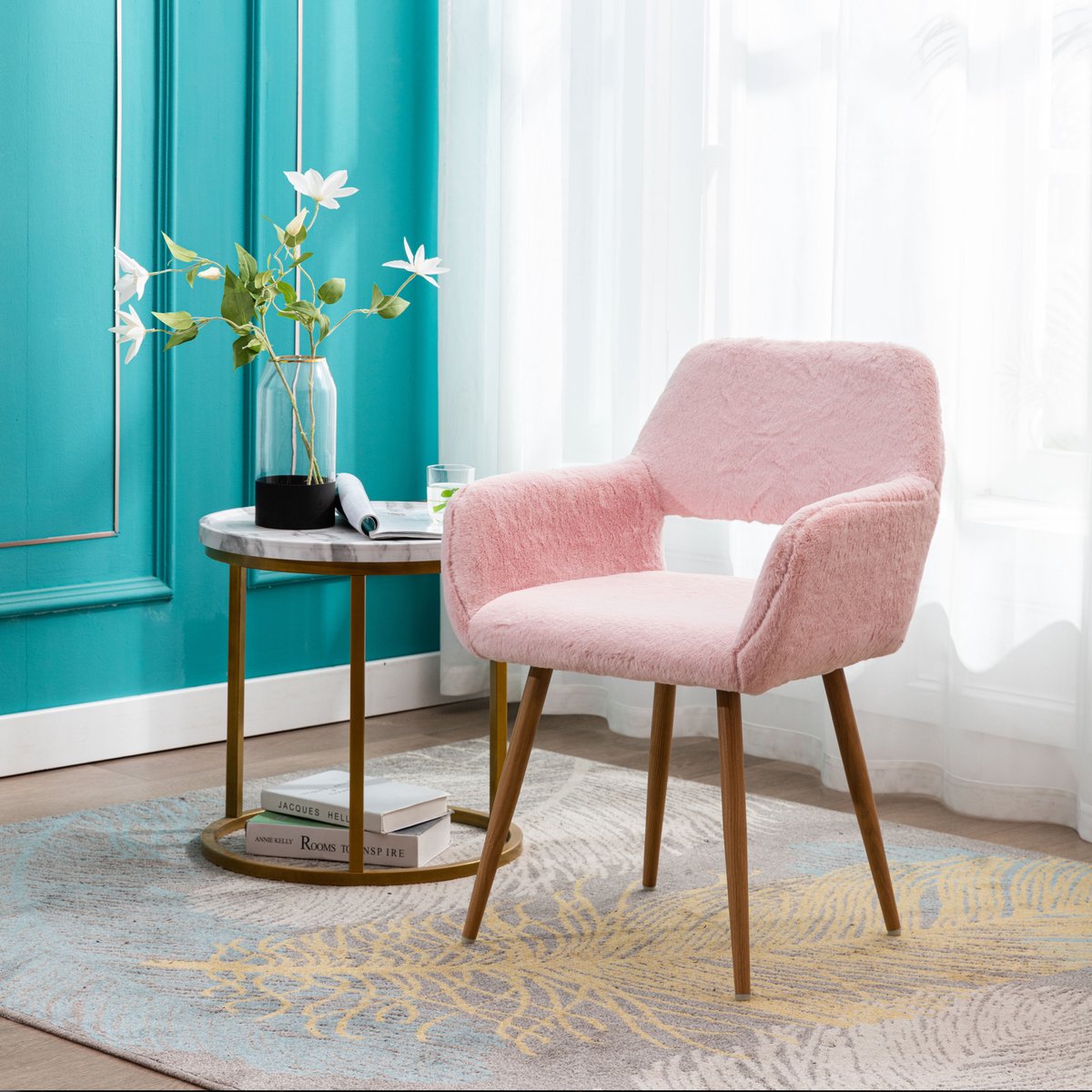 PHOEBE CAT Fauteuil - Make-upstoel - Eetkamerstoel - Kunstbontbekleding - Gelakte stalen poten - Roze