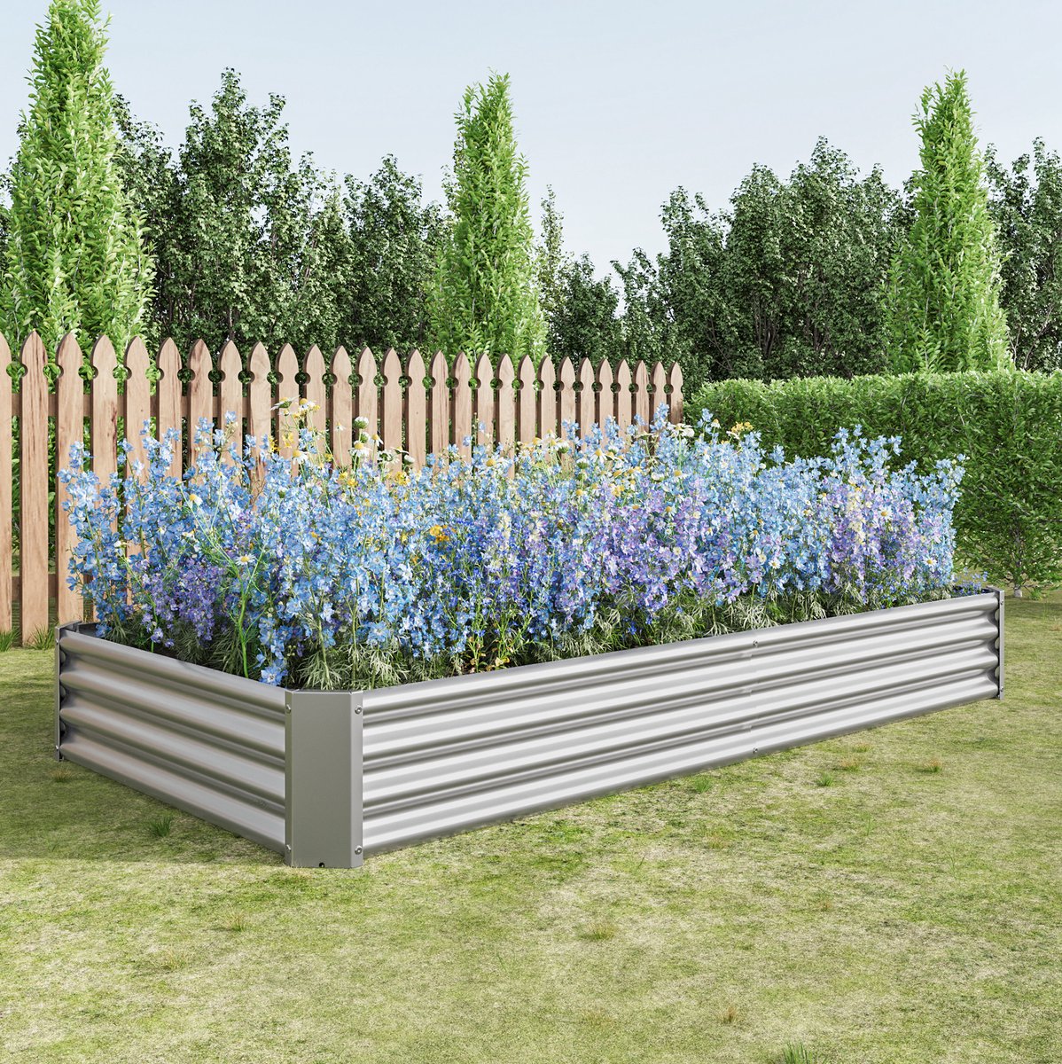 MIVRAY Moestuinbak – Zonder Bodem En Verzinkt Staal – 232 x 113,5 x 30 cm – Metaal – Zilver – Voor Groenten Kruiden En Bloemen