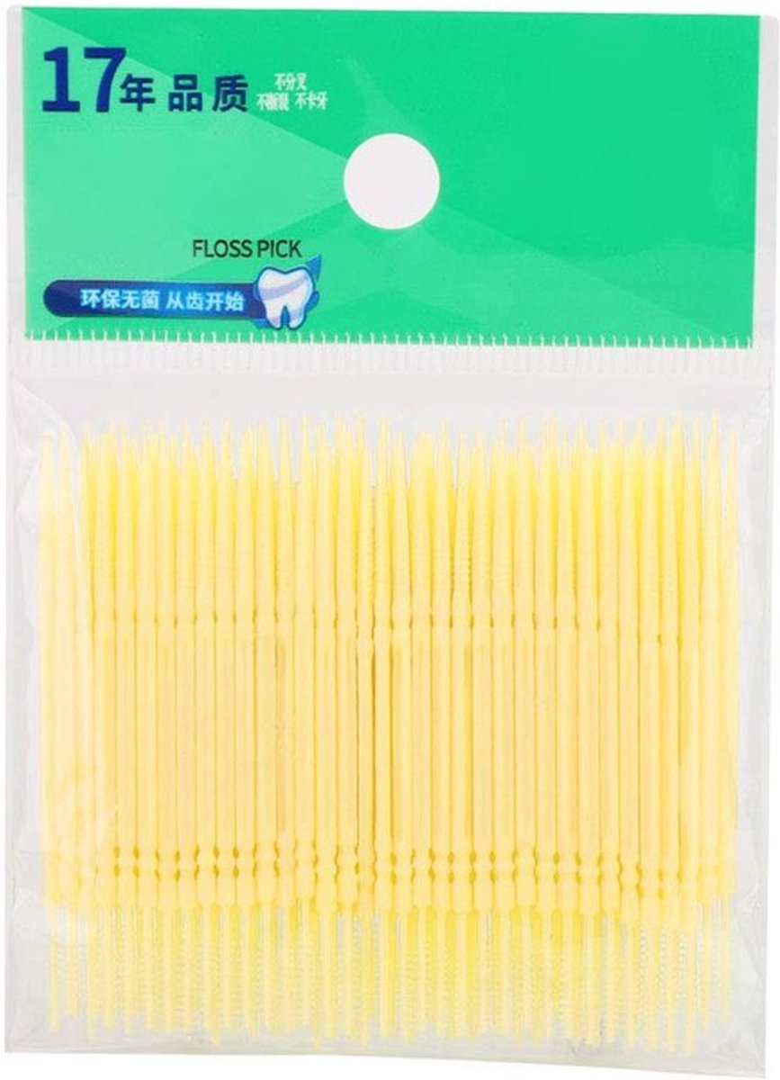 Tandenstoker, 100 stuks/zak Tandenstoker met dubbele kop Tandenstoker voor mondverzorging Floss Tandenstoker (geel)