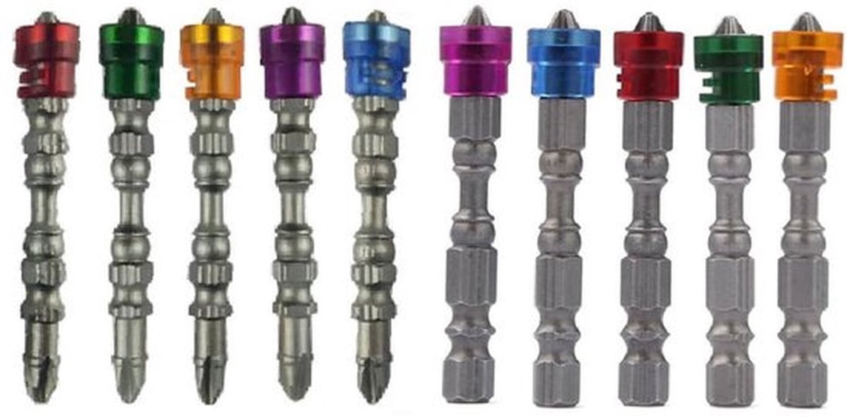 10 stuks magnetische schroevendraaierbits, 1/4 inch zeskantschacht, enkele/dubbele kop, PH2 schroevendraaierbitsset met magnetische ring voor installatie van gipsplaatschroeven, 65 mm