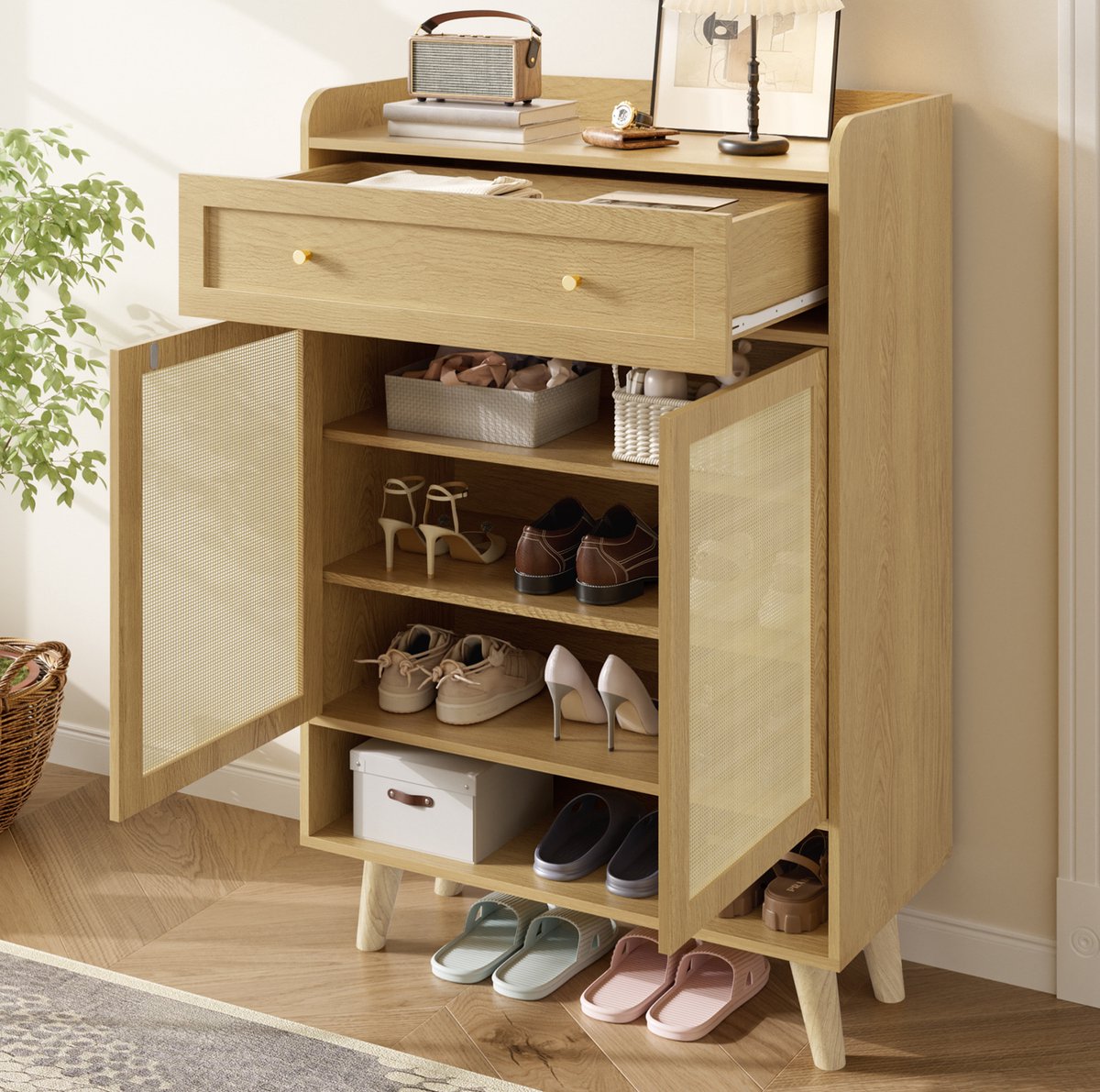 MODENUIT Schoenenkast - 2 Deuren En Lade - Voor Hal En Woonkamer - Spaanplaat En Hout - Light Oak - 80 X 105 X 35 Cm