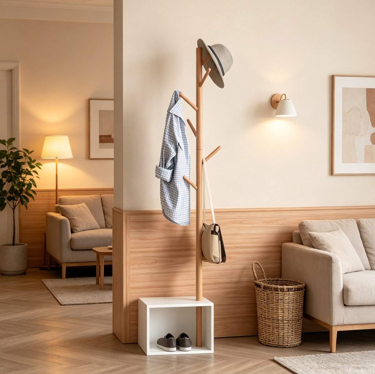 MIVRAY Kledingrek Met Bank En Opbergvak - 6 Haken - 40 X 30 X 180 Cm - MDF En Bamboe - Wit En Bamboe - Hal En Slaapkamer