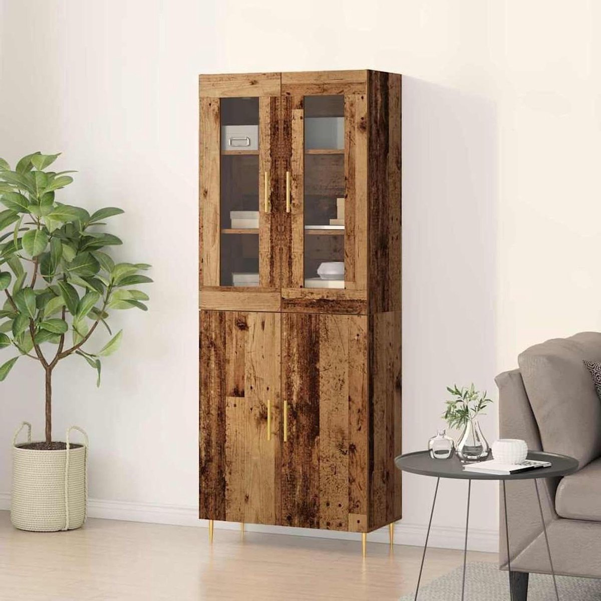 Dressoirkast Hout - Keukenmeubel Vintage - Opbergen Servies - Massief Oud Hout - 695 x 34 x 180 cm