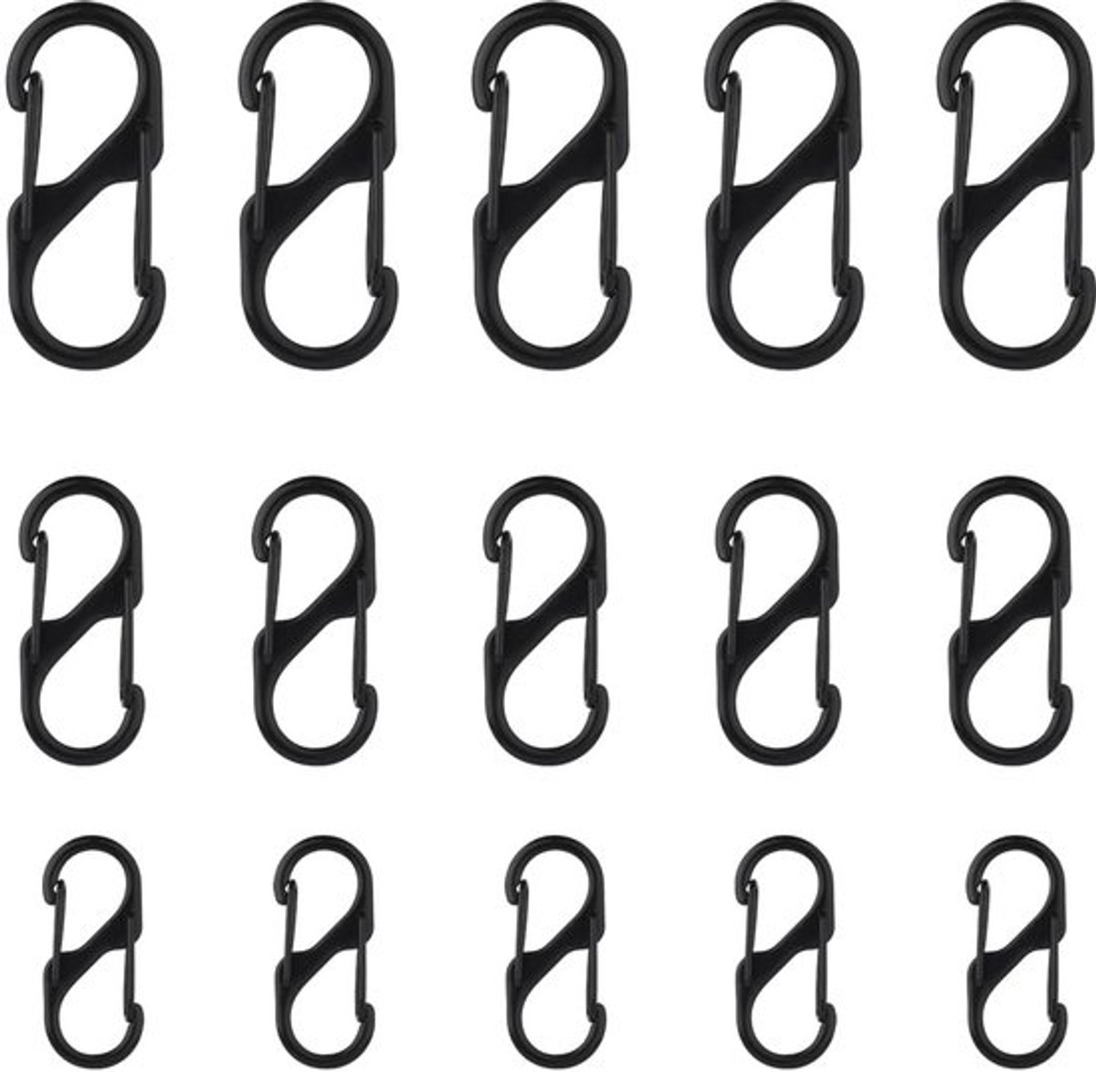 15 stuks ritsclips met diefstalbeveiliging, S-vormige karabijnhaken met dubbele vergrendeling voor snel loskoppelen van rugzakken, ritsclips voor huissleutels en buitenactiviteiten (3 maten)