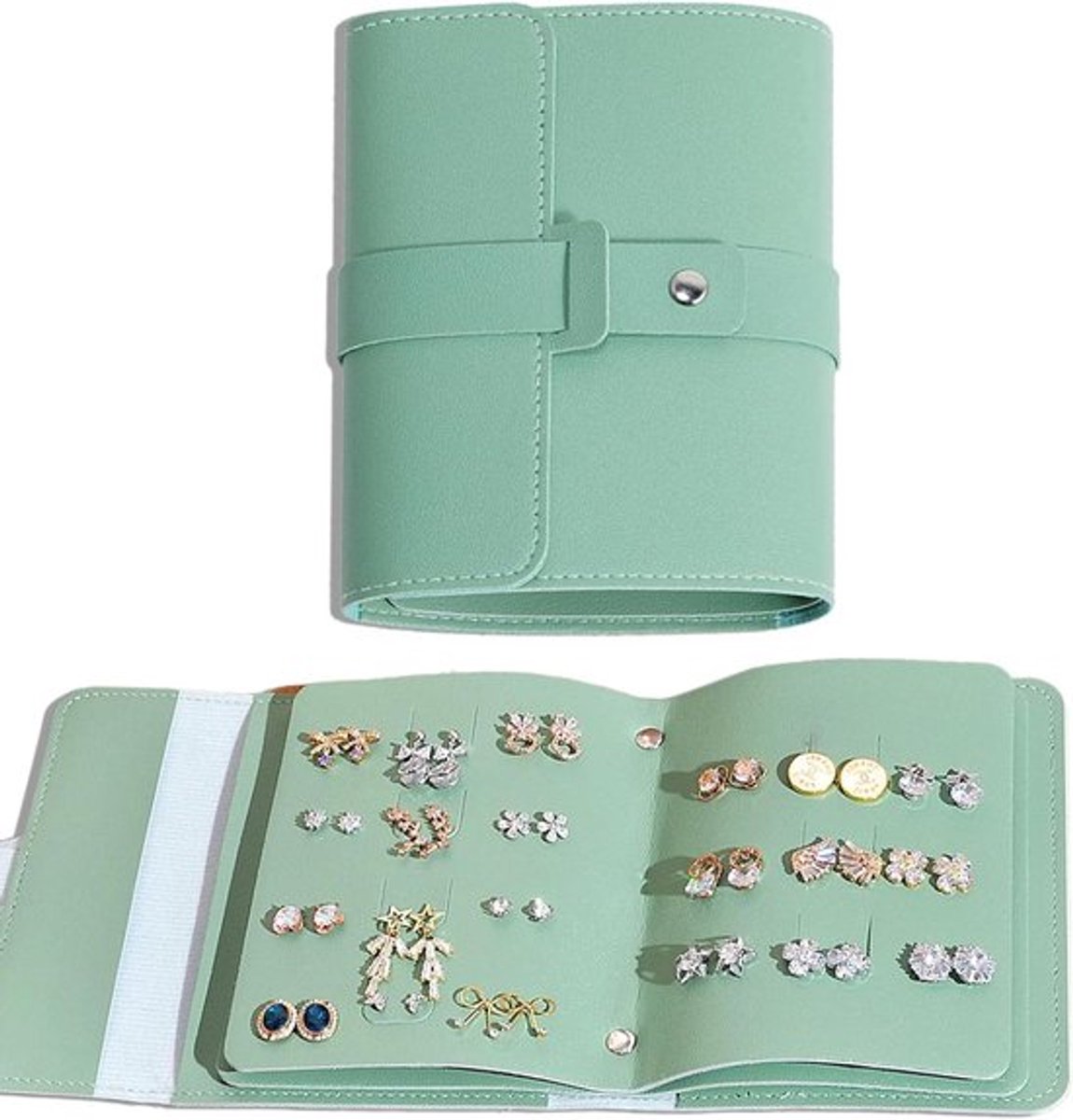 Creatieve Boekvormige Sieradenrol voor Oorbellen - Draagbare Reis-Sieradendoos - Licht Groen - Organizer voor Vrouwen en Meisjes