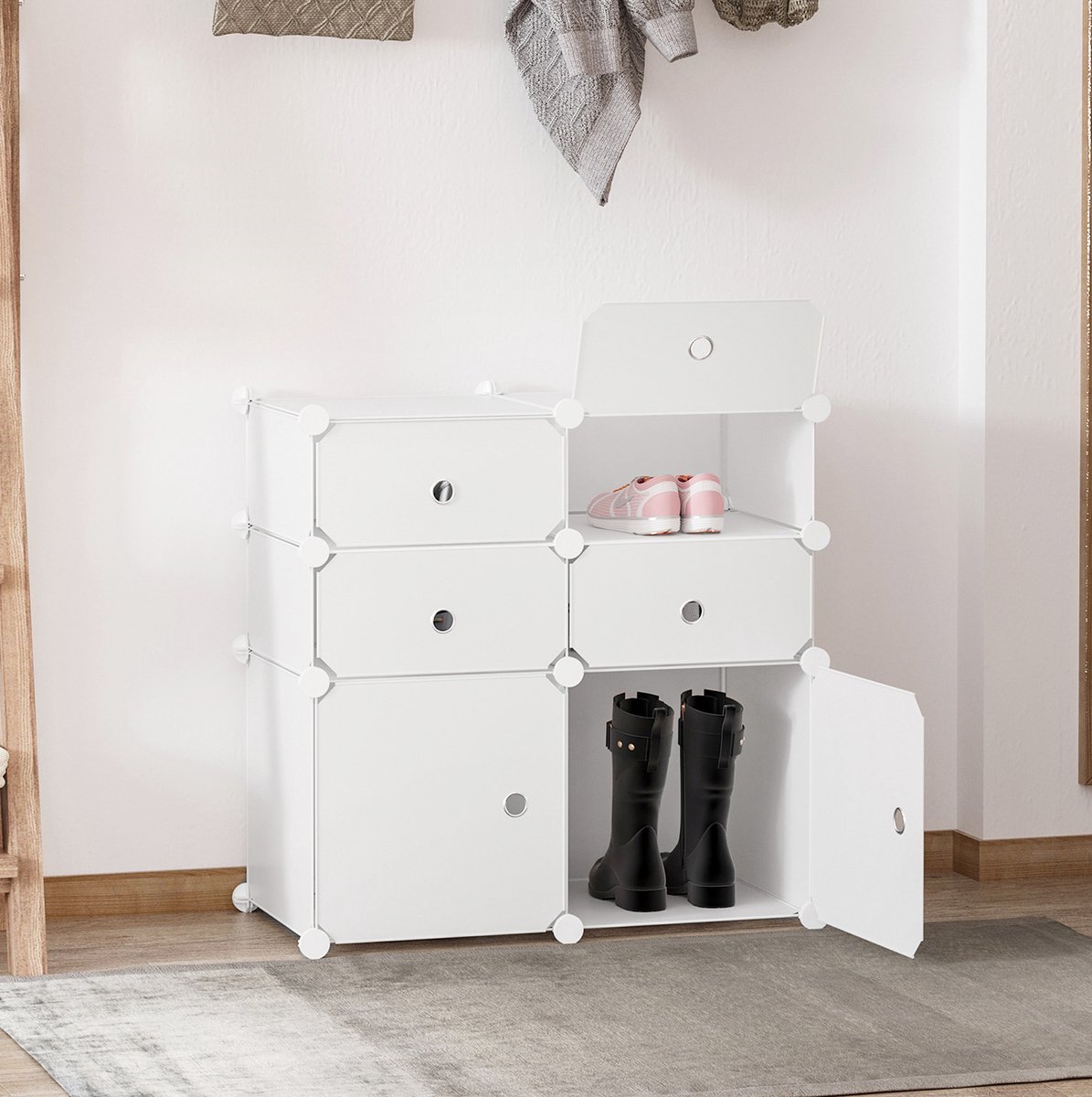 Schoenenkast Modulair – 6 Vakken Met Voorpanelen – 75 X 37 X 73 Cm – Kunststof En Metaal – Wit – Opbergkast Voor Hal En Slaapkamer