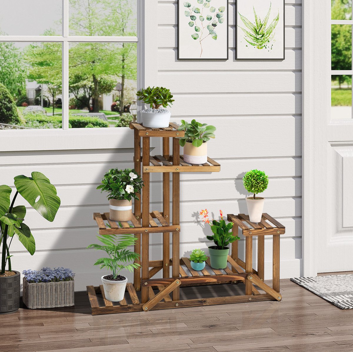 MIVRAY Plantenrek 6 Niveaus 95 X 28 X 96,5 Cm Hout Bruin Voor Binnen En Buiten Opbergruimte Voor Bloempotten