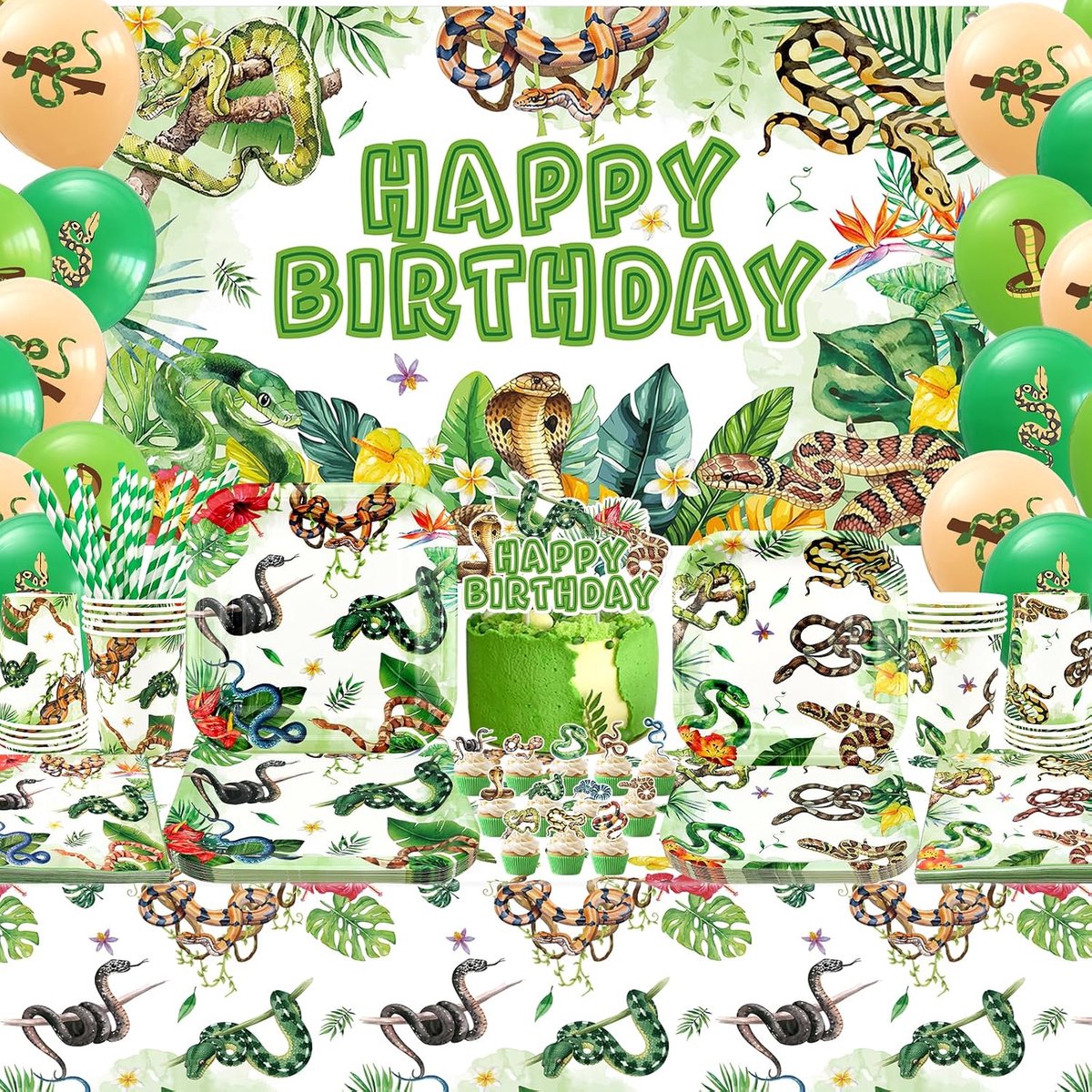 Snake Party Decoraties - compleet pakket voor 20 personen - inclusief banner, bord, taarttopper, beker, servet, ballon - ShopVlot