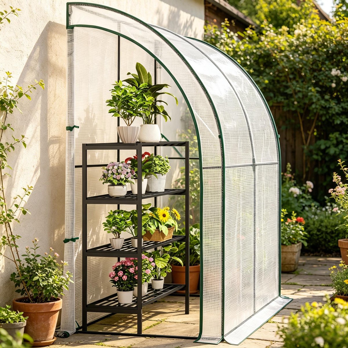 FloraGrace Muurkas Versterkt 200 x 100 x 210 cm PE Folie Stalen Frame Wit Voor Plaatsing Tegen Huis Garage Of Schutting