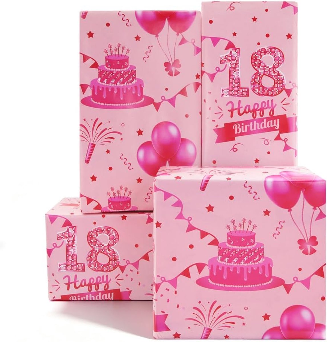 Cadeaupapier 4 vellen 50 x 70 cm - Roze met taart- en ballonmotief - Perfect voor 18e verjaardag - Voor meisjes - ShopVlot