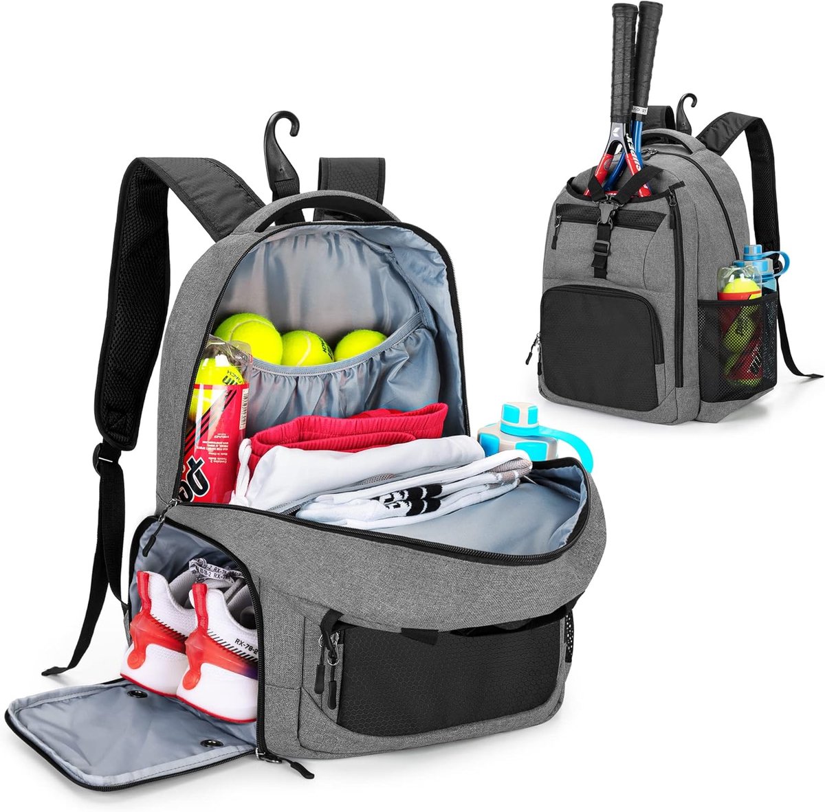 Tennis tas met ruimte voor 2 rackets - grijs - aparte ventilatieruimte voor schoenen - ideaal voor sport en training - ShopVlot