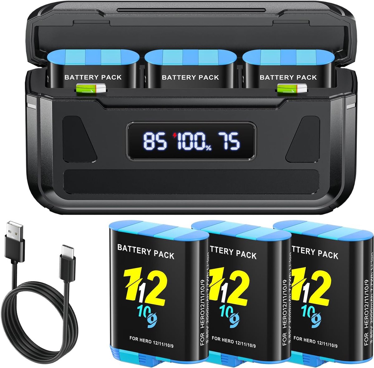 Batterijen voor Hero 12/11/10/9 Black 2000 mAh - Oplader met LCD-display - Compact en handig - ShopVlot