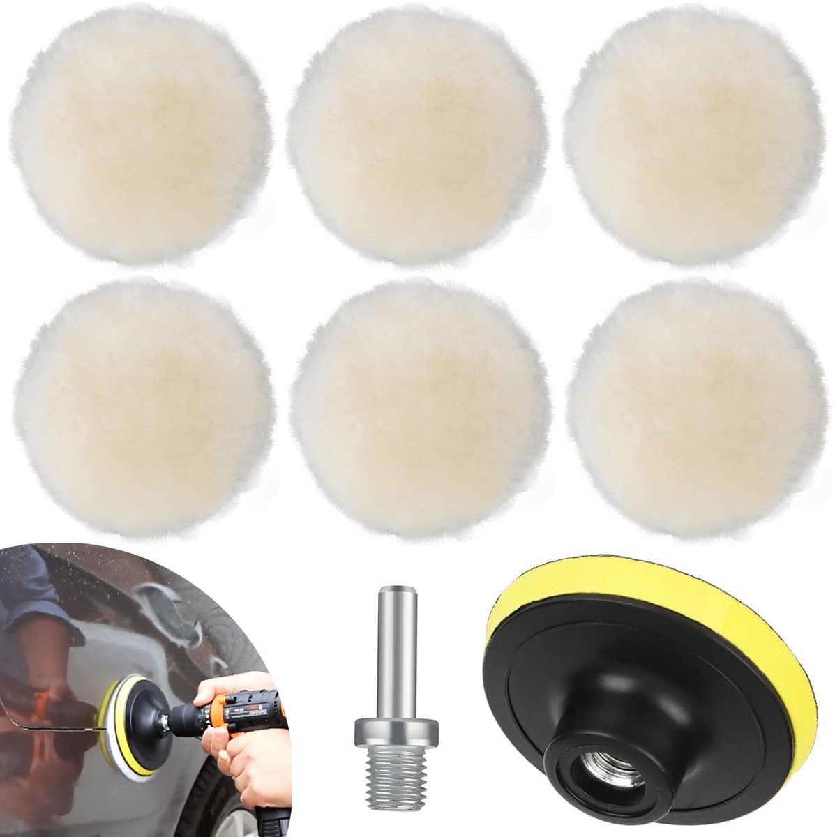 Polijstpad set 7,5 cm - Wol - 8-delig - Voor krachtige autopoetsing - ShopVlot