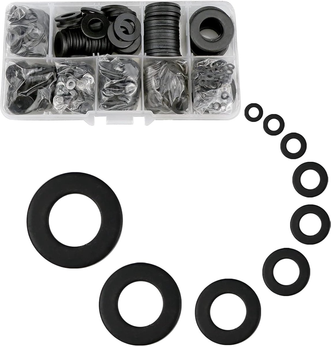 Metalen platte ringen set 600pcs - zwart carbon staal - 9 maten voor bouten en schroeven - veelzijdig gebruik - ShopVlot