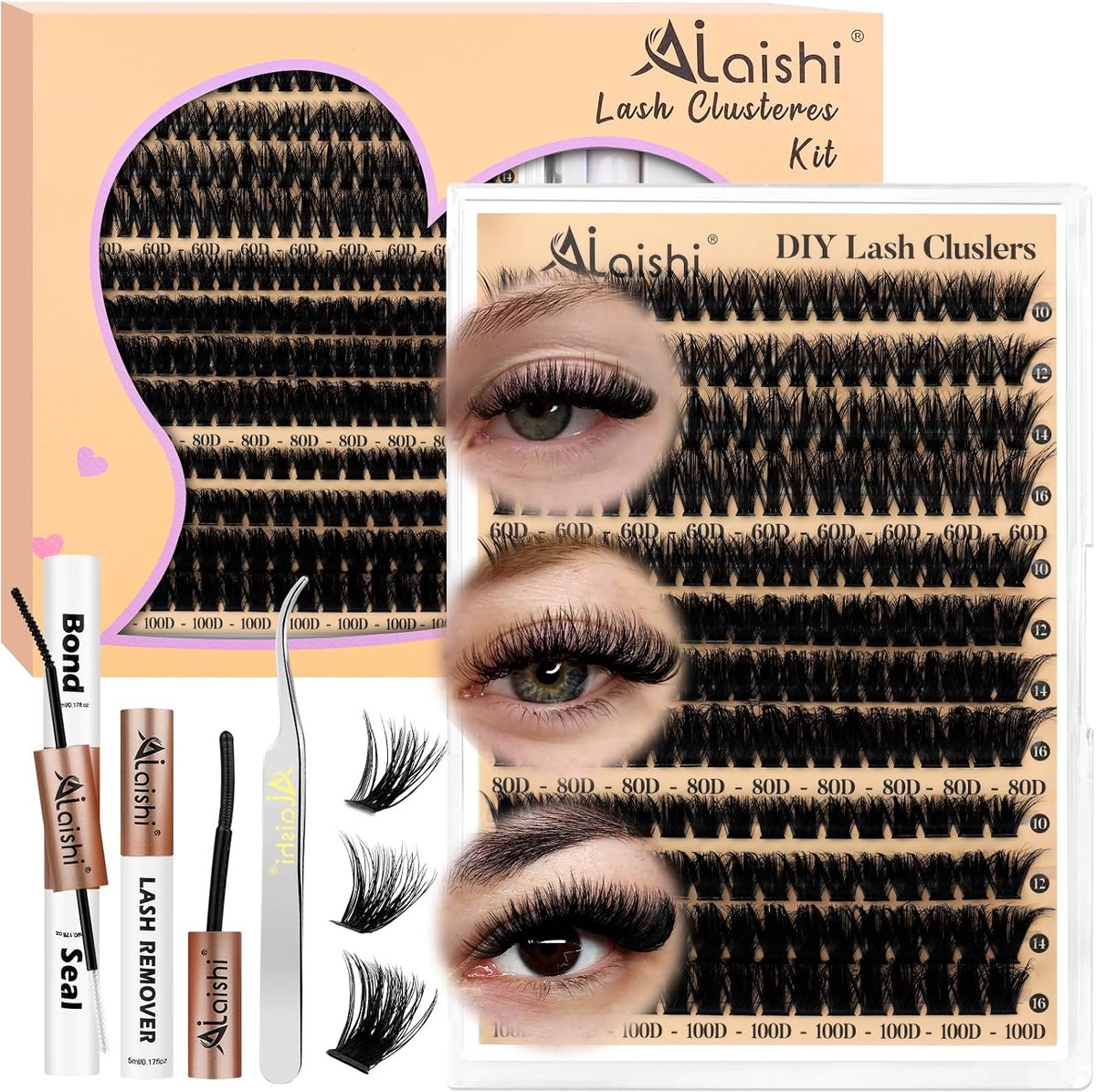 Wimperextensions Set 224 clusterwimpers 9-16mm - 60D+80D+100D volume - Fluffy D Curl met lijm & sealer - ShopVlot