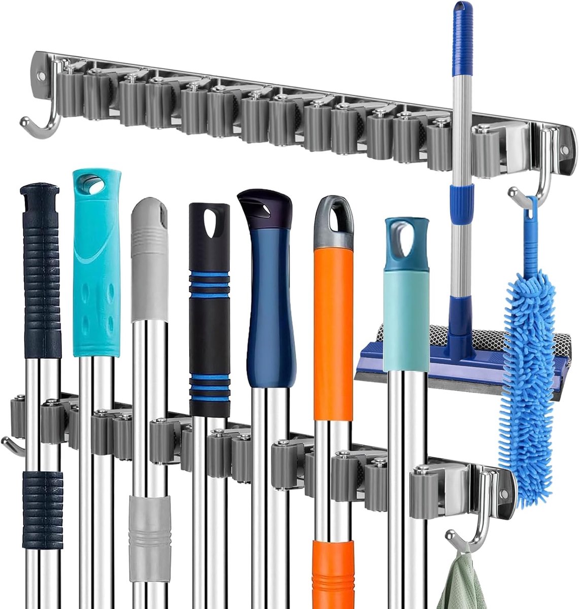 Wandbezemhouder zonder boren - 7 houders en 2 haken - wandgemonteerde gereedschapshouder - ShopVlot