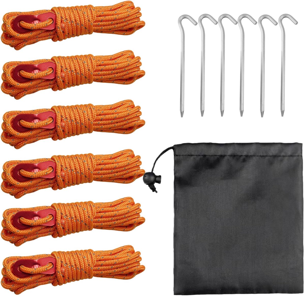 Tenttouwen set van 6 - reflecterend 4 mm x 4 m - aluminium haringen - ideaal voor kamperen - ShopVlot