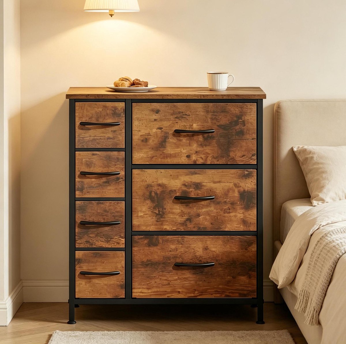 MODENUIT Ladekast - 7 Lades - Voor Woonkamer En Slaapkamer - Hout En Metaal - 63,5x30x73 Cm - Bruin Zwart