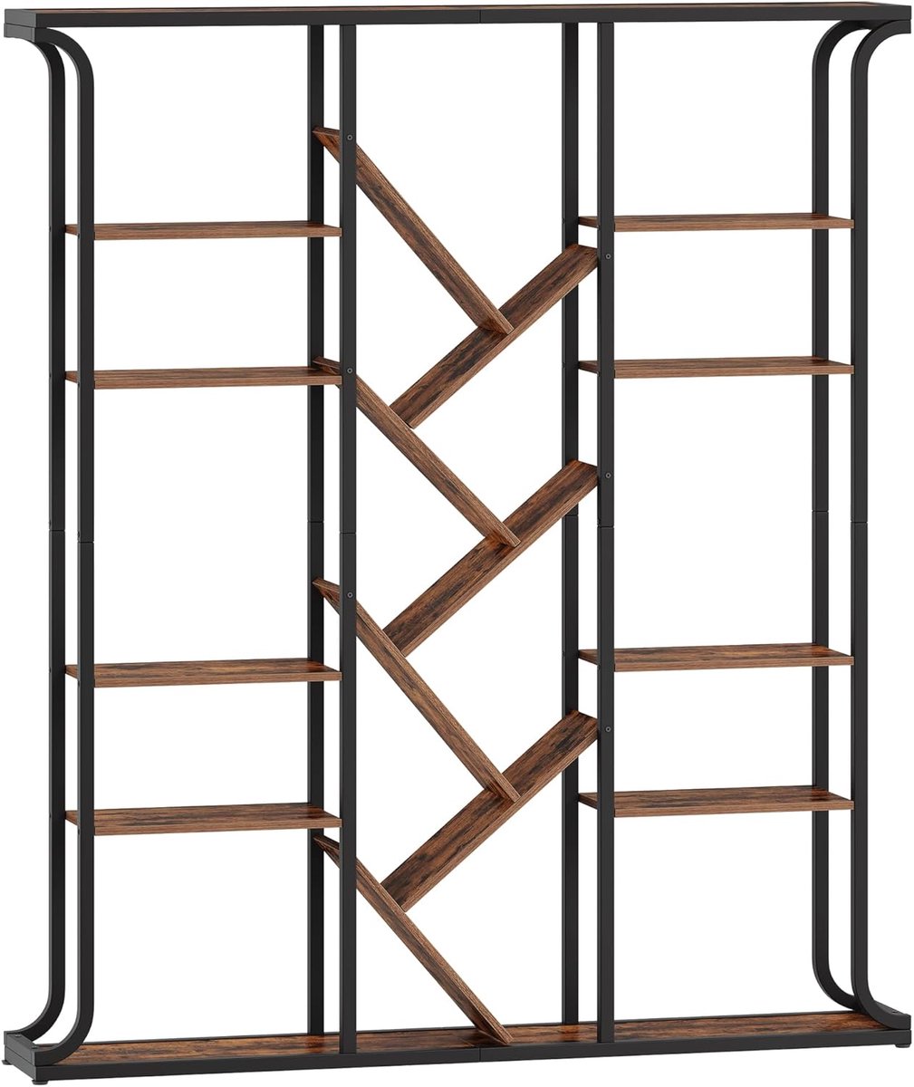 Hzuaneri Boekenkast, 3 kolommen, 6 niveaus,180 cm, vintage bruin-zwart