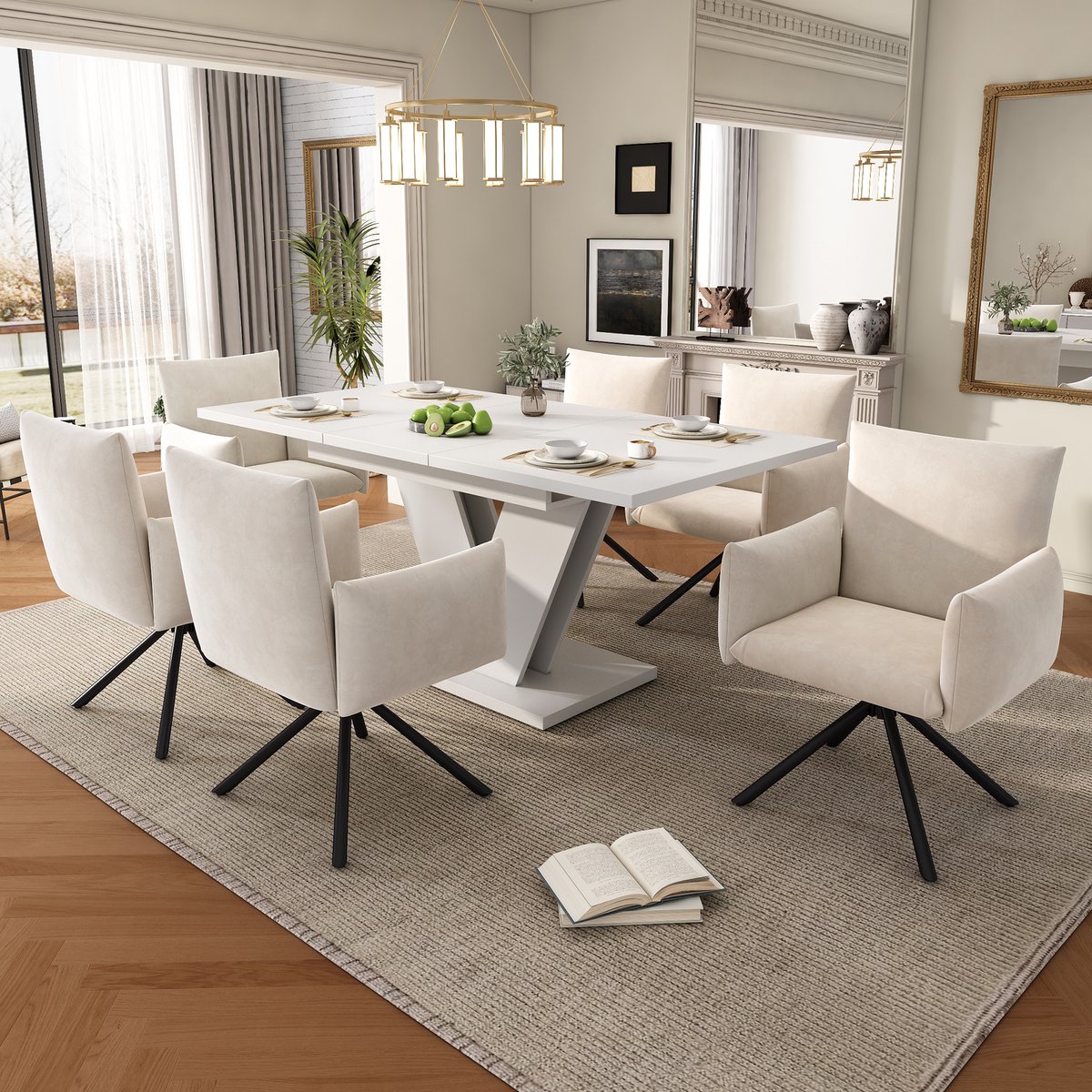 Eettafel Set 7 Delig - Uitschuifbare Eettafel 120-160x80 cm Met 6 Velvet Draaistoelen - Luxe Eetkamer Set Met 360° Rotatie Stoelen En V Vormige Poten - Moderne Tafel Voor 4-8 Personen - Wit Beige