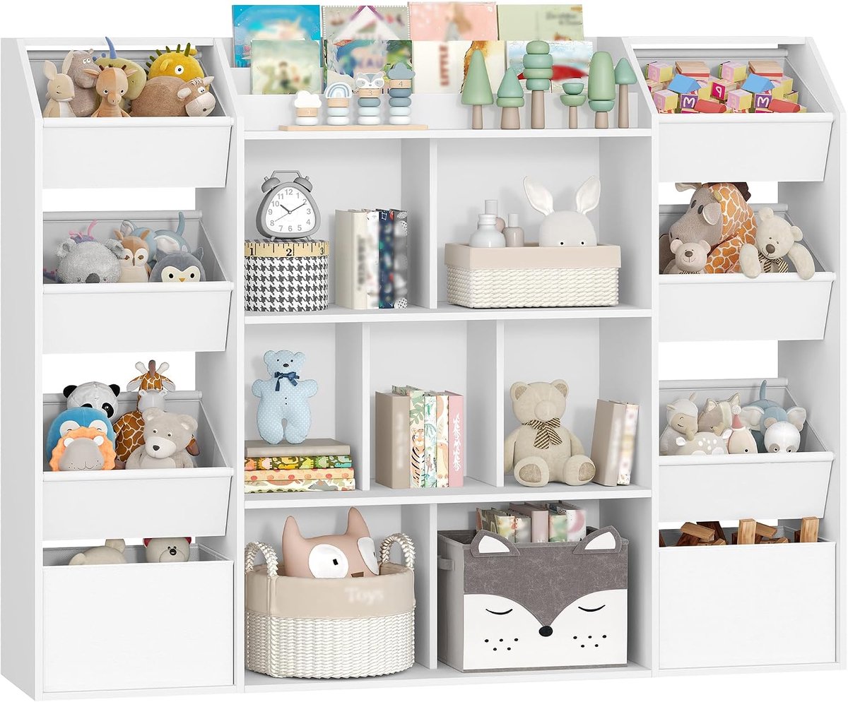 Hzuaneri Kinderkast met 8 stoffen lades, wit 30 x 130 x 100 cm ,Kinderkast, kinderboekenkast, speelgoedkast, 7 planken, voor kinderkamer, woonkamer, werkkamer