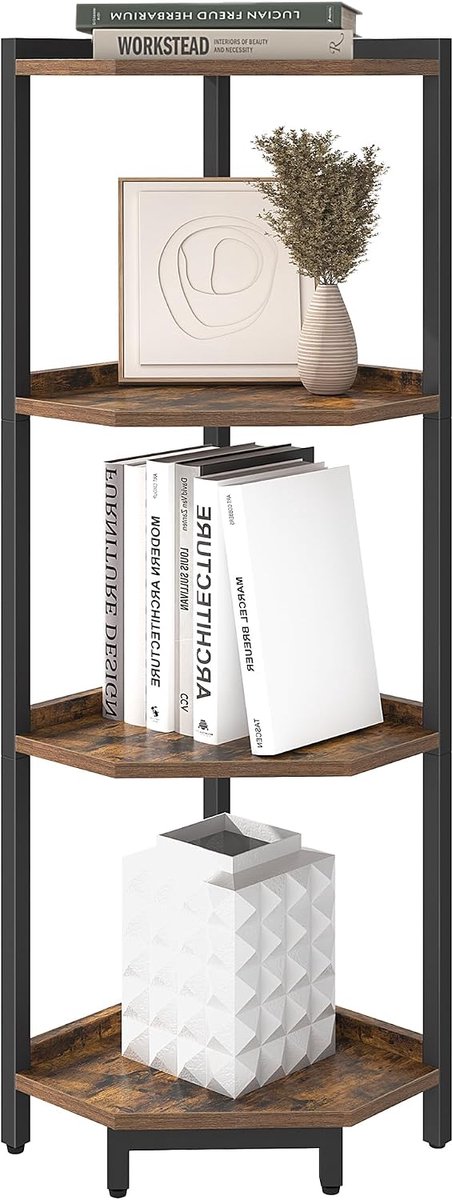 Hzuaneri Hoekrek, boekenkast met 4 verdiepingen, staande rek, opbergrek, hoekboekenkast, geschikt voor woonkamer, werkkamer en kantoor, 30 x 30 x 105 cm, vintage bruin-zwart