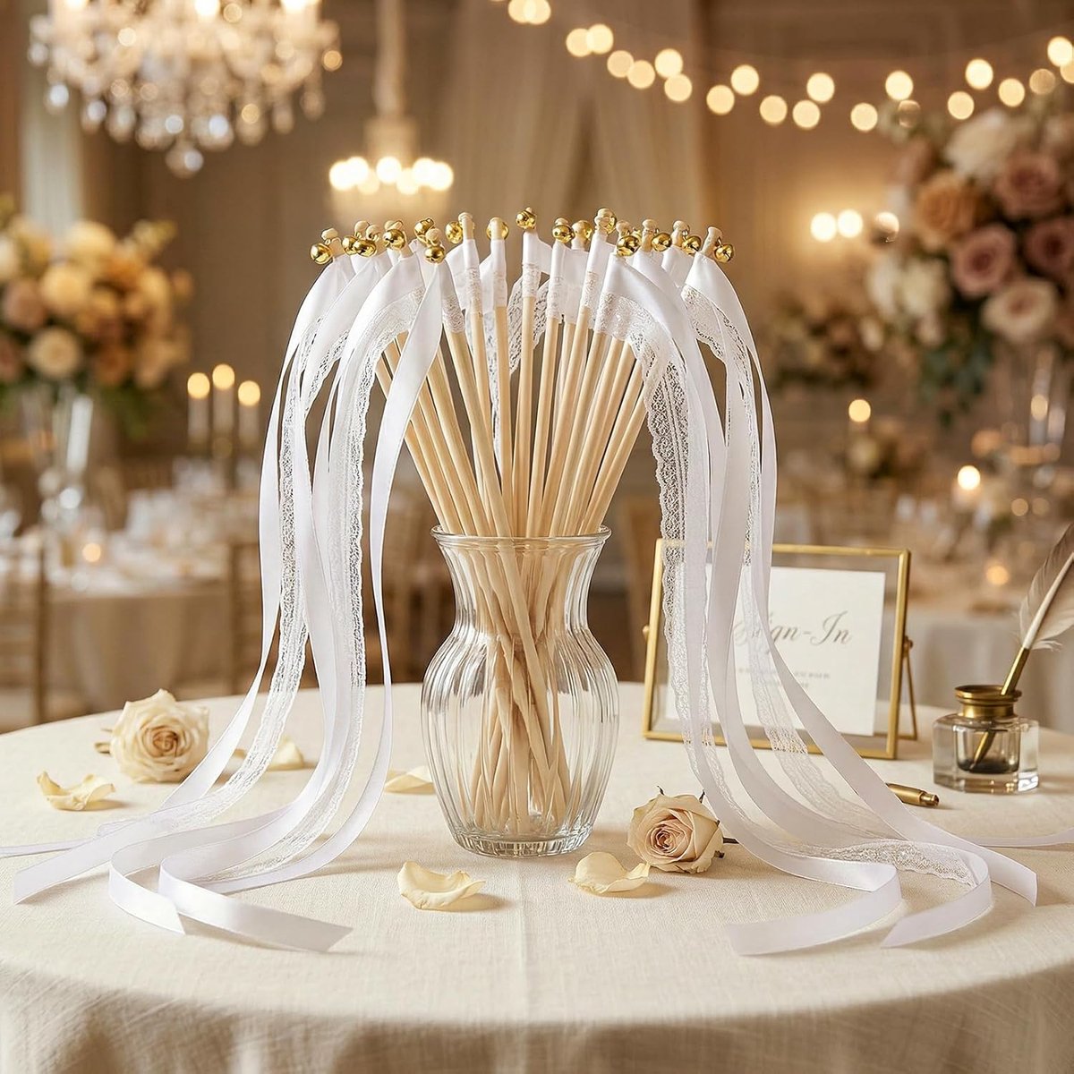 Eetstokjes 36 stuks - wit lint en kant - met bellen - perfecte bruiloft decoratie - ShopVlot
