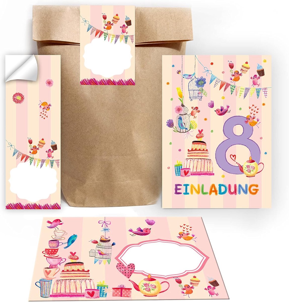 Uitnodigingen voor 8e kinder verjaardag - 12 kaarten met enveloppen - natuurthema - inclusief stickers en tasjes - ShopVlot