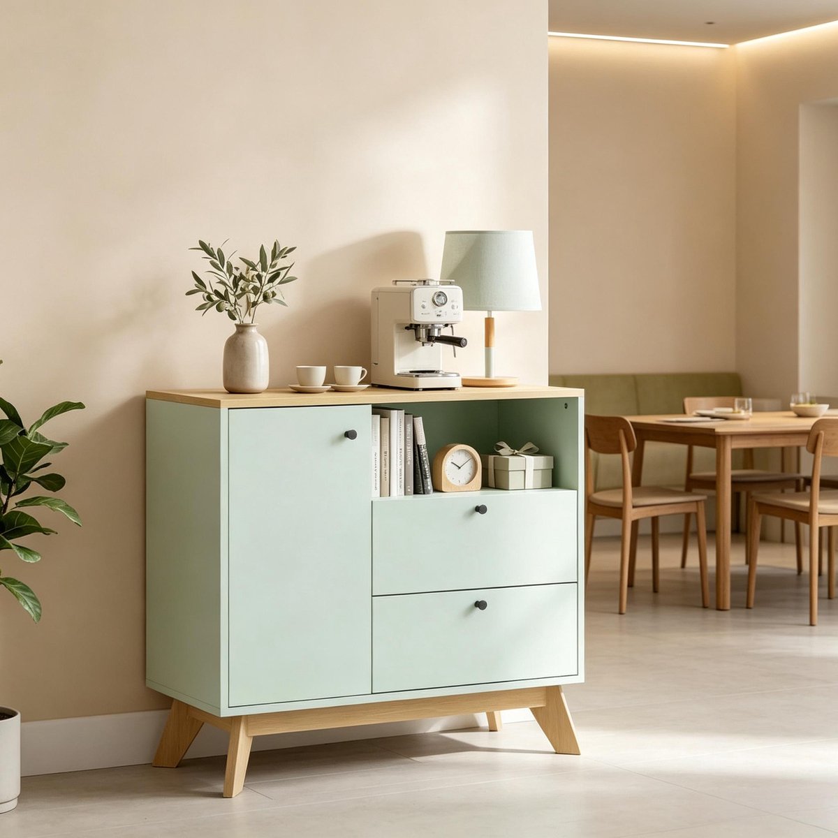 STILVORA Buffetkast - Met Deur, 2 Lades En Open Vak - Verstelbare Plank Voor Woonkamer, Keuken Of Hal - MDF - 80x35x76,3 Cm - Lichtgroen