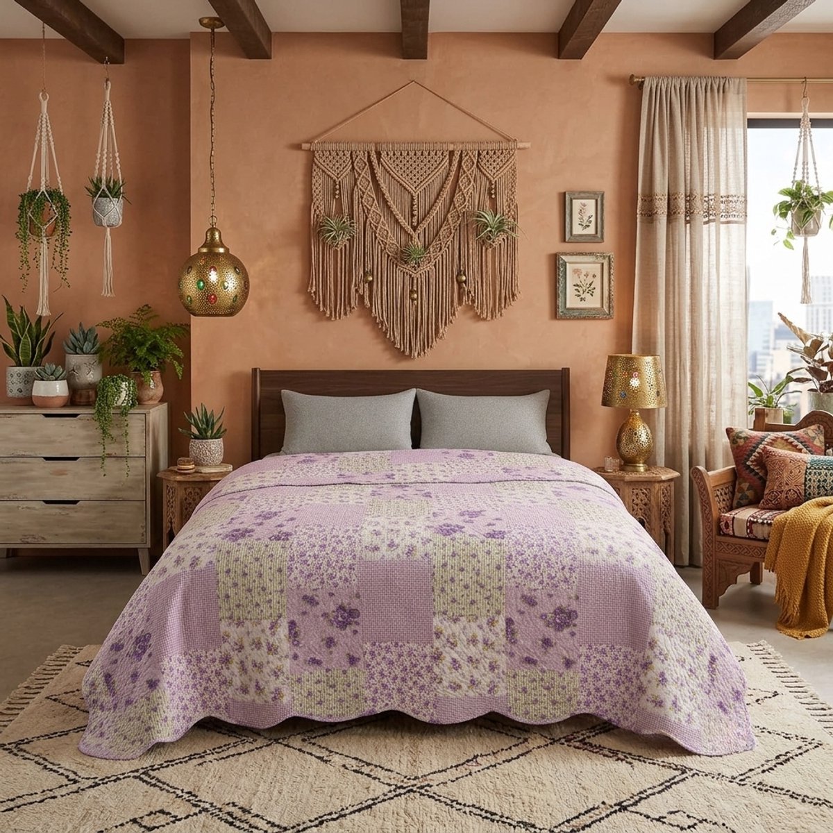 TRANKIELO® - Patchwork sprei 240 x 260 cm - Romantische lila rozen - Vintage bedsprei - Zacht en onderhoudsvriendelijk