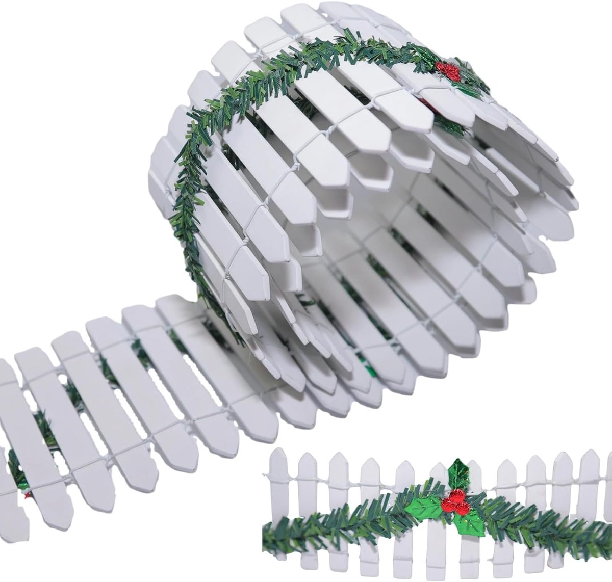 Miniatuur hek kerst - 90x5cm houten hek - met groene slingers en rode strikken - sfeervolle kerstdecoratie - ShopVlot