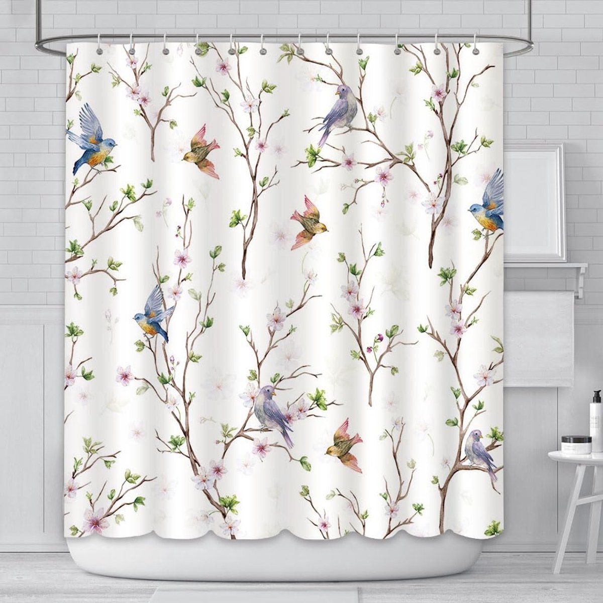 Douchegordijn 180x180cm - polyester - vogels takken bloemen - waterafstotend en duurzaam - ShopVlot