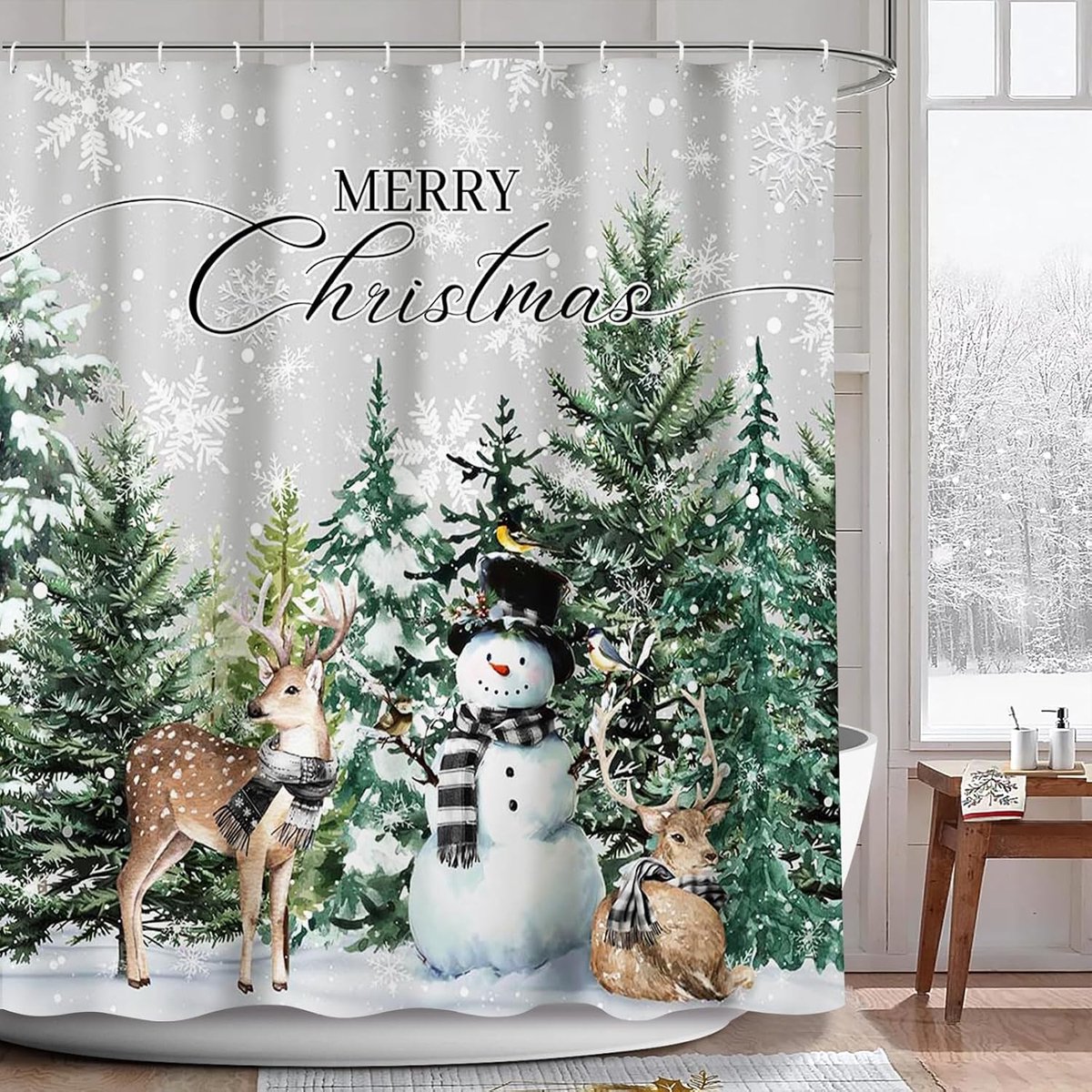 Douchegordijn kerst 180x180cm - polyester - sneeuwlandschap met sneeuwman en rendier - perfect voor de badkamer - ShopVlot