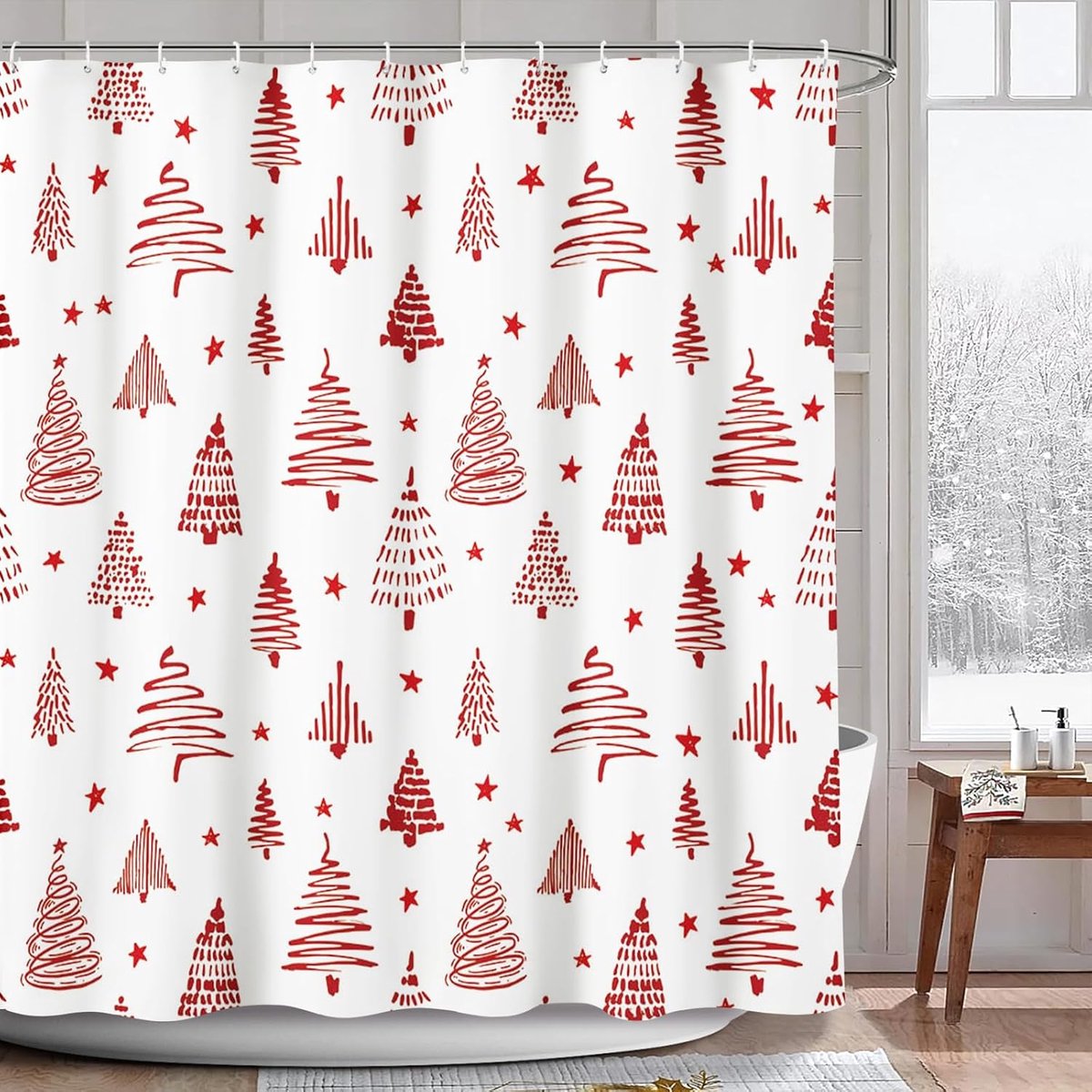Douchegordijn 180x180cm - Rode Kerstboom met Sterren - Waterafstotend - Perfect voor de Feestdagen - ShopVlot