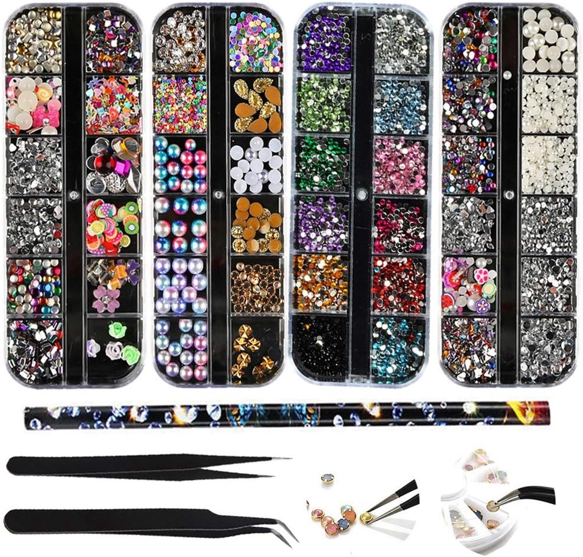 Nail art set - 5 dozen met kleurrijke rhinestones - Inclusief tweezers - Perfect voor DIY nageldecoratie - ShopVlot
