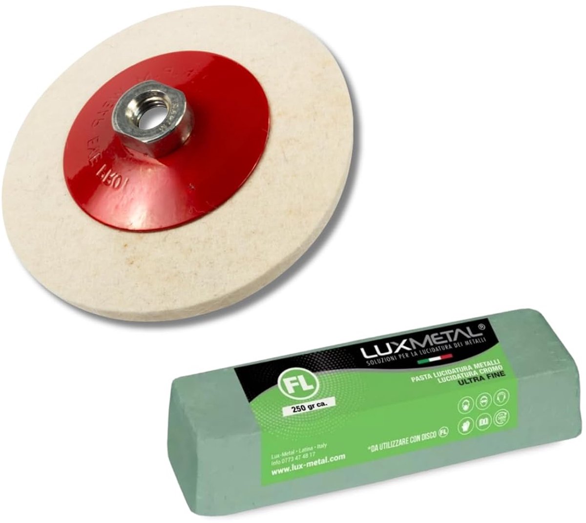 Polijstset - ultra-fijn - 250 g pasta + 100 mm viltschijf - voor roestvrij staal, aluminium en meer - ShopVlot