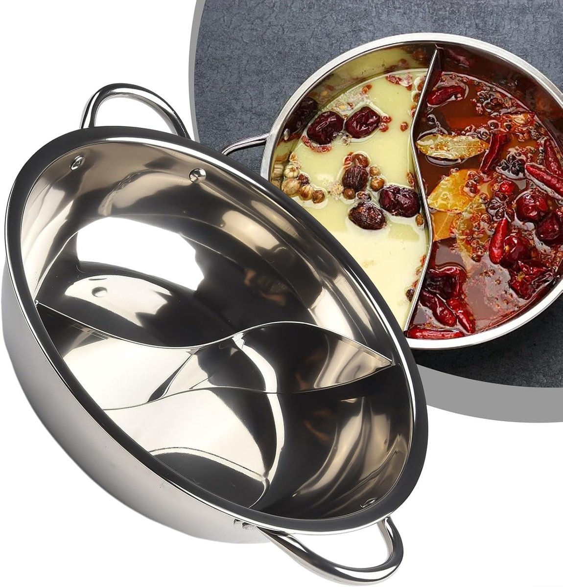 Shabu-Shabu pot 28 cm - RVS met scheidingswand - Dubbele soeppot - Ideaal voor familie- en vriendenfeesten - ShopVlot