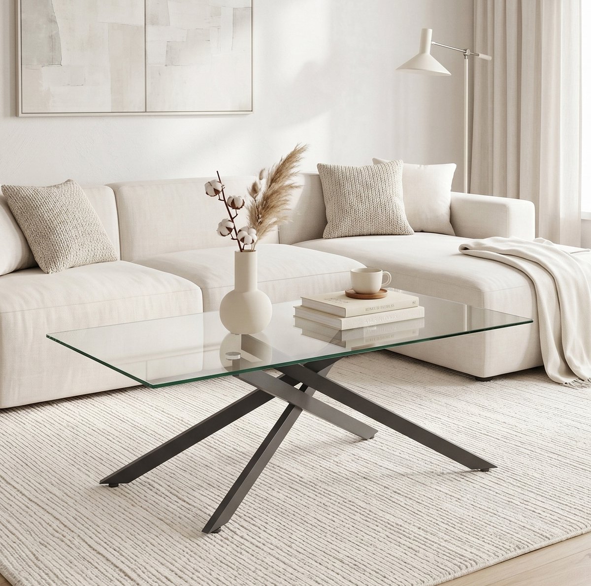 STILVORA Salontafel - Gehard Glas Met Zwarte Metalen Poten - Modern Voor Woonkamer En Interieur - Glas En Metaal - 100x60x46 Cm - Zwart