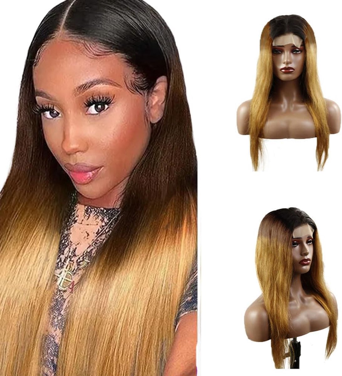 Human Hair Wig 5x5 Glueless Lace Frontal - Onverwerkt Braziliaans Virgin Haar - Zwart met Gouden Hoogtepunten - ShopVlot
